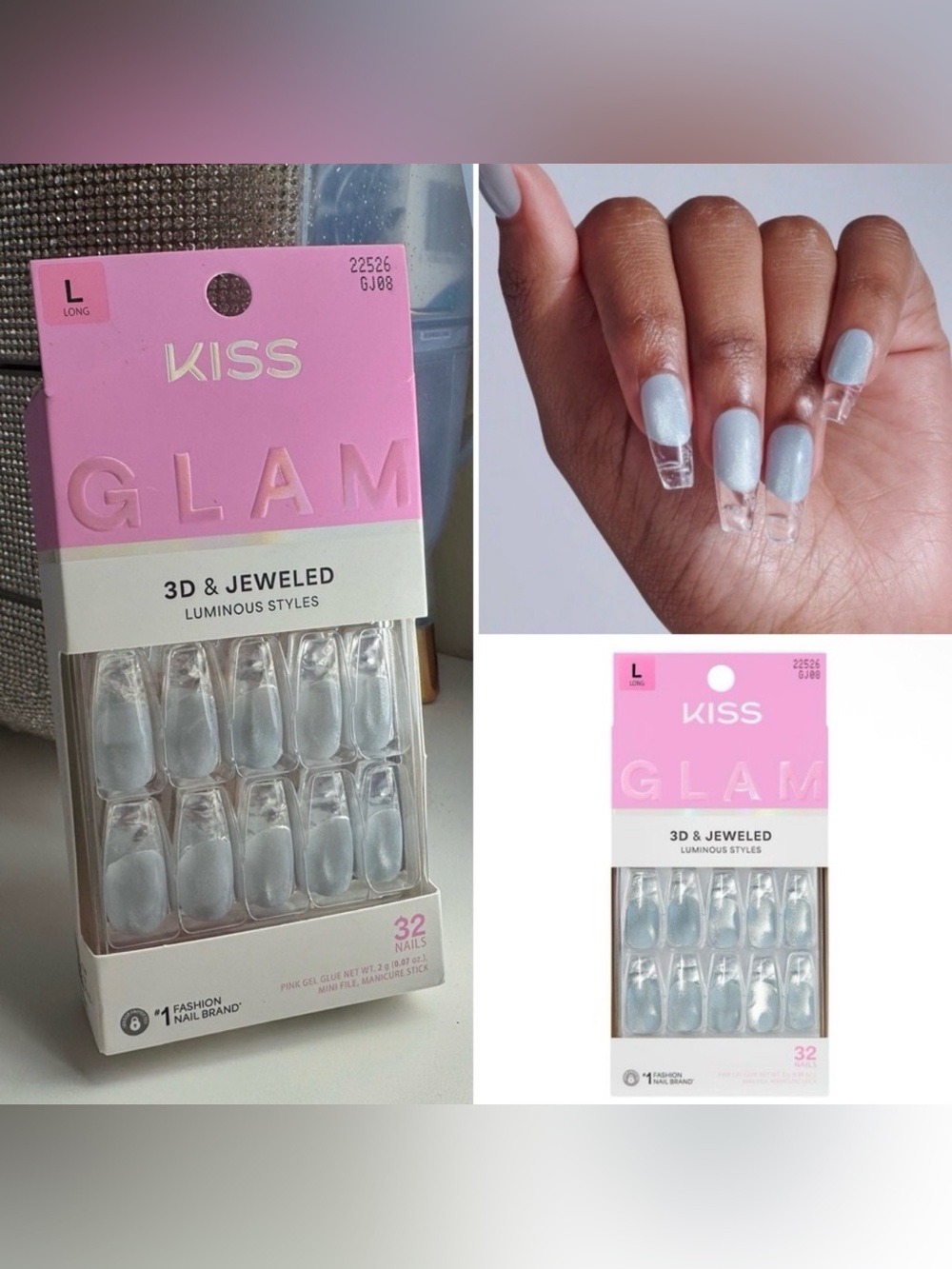 KISS GLAM 3D & Jewel Press On Nails Seraphic Blue Long Coffin Shaped